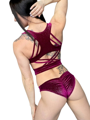 Nayra set donna per pole dance – velluto bordeaux con motivo argento scintillante